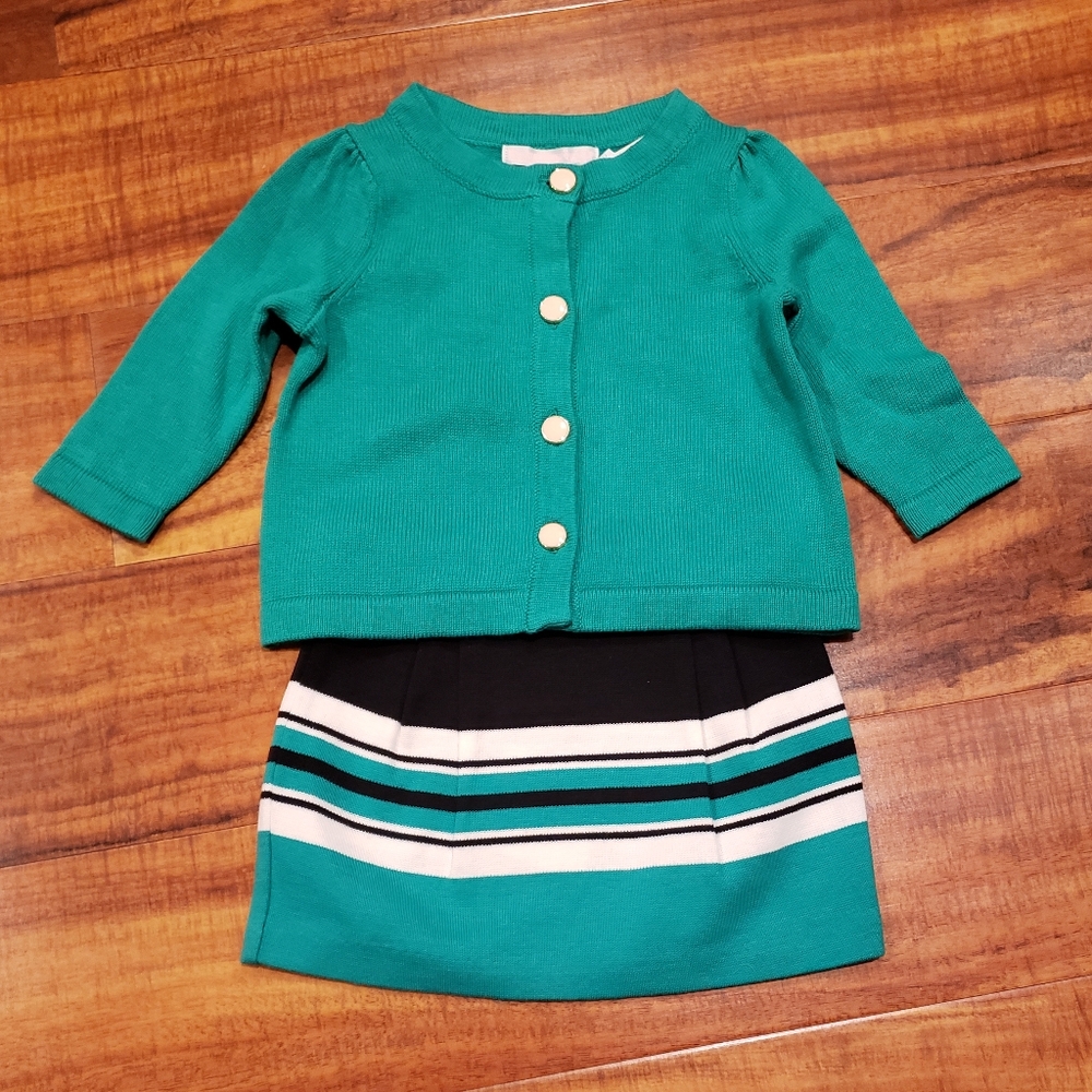 Janie and Jack NWT 3-6 months green sweater and matching striped skirt